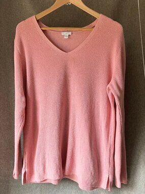 J Jill Sweater Womens L Pink V Neck Rib Knit Pullover Cotton Blend Long Sleeve